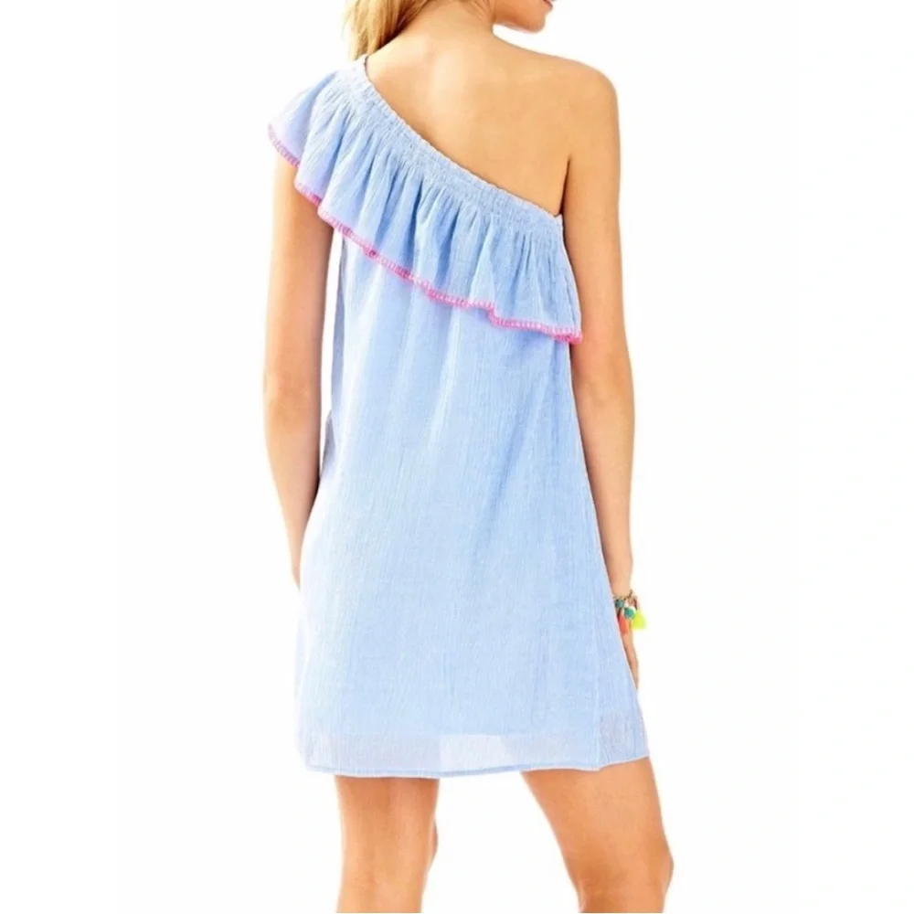 Lilly Pulitzer Emmeline One Shoulder Dress in Lapis Blue Summer Seersucker Small - Picture 2 of 6
